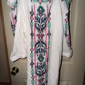 Roaman's White  off the shoulder shirt with Pink and Teal Embroidery